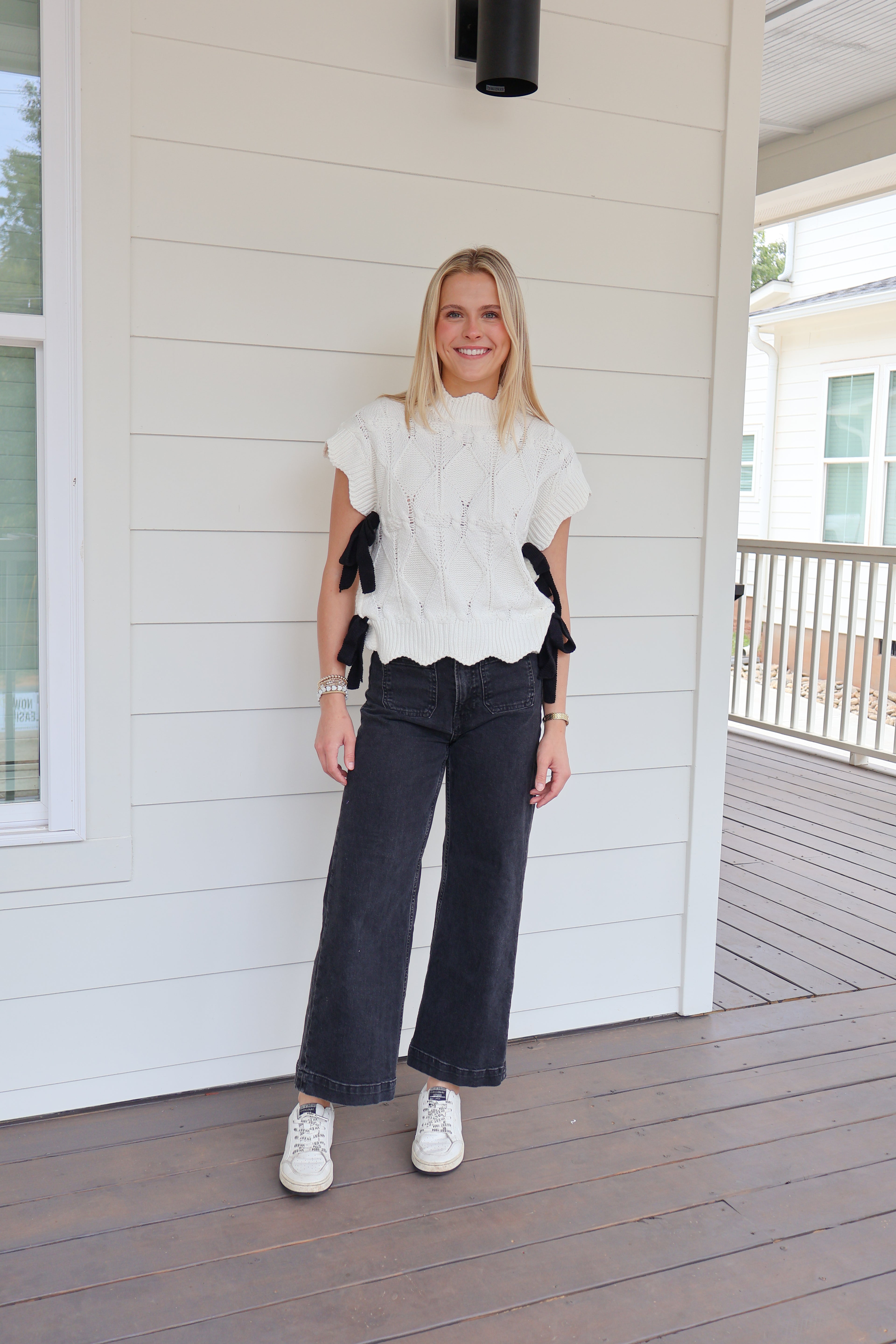 Isabel Scalloped Sweater Top - White with Black Bows