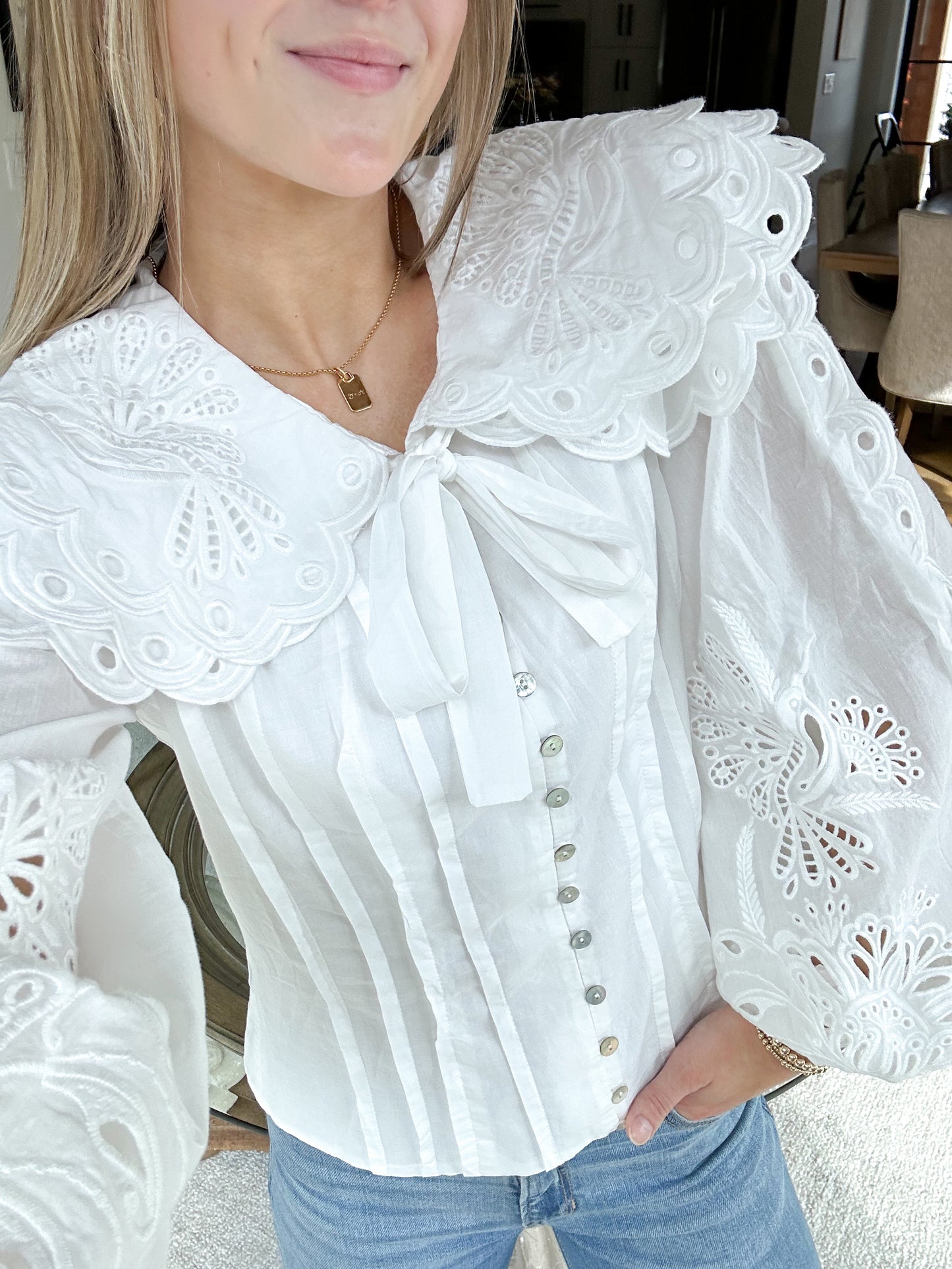 Lala Poplin Embroidered Blouse in White