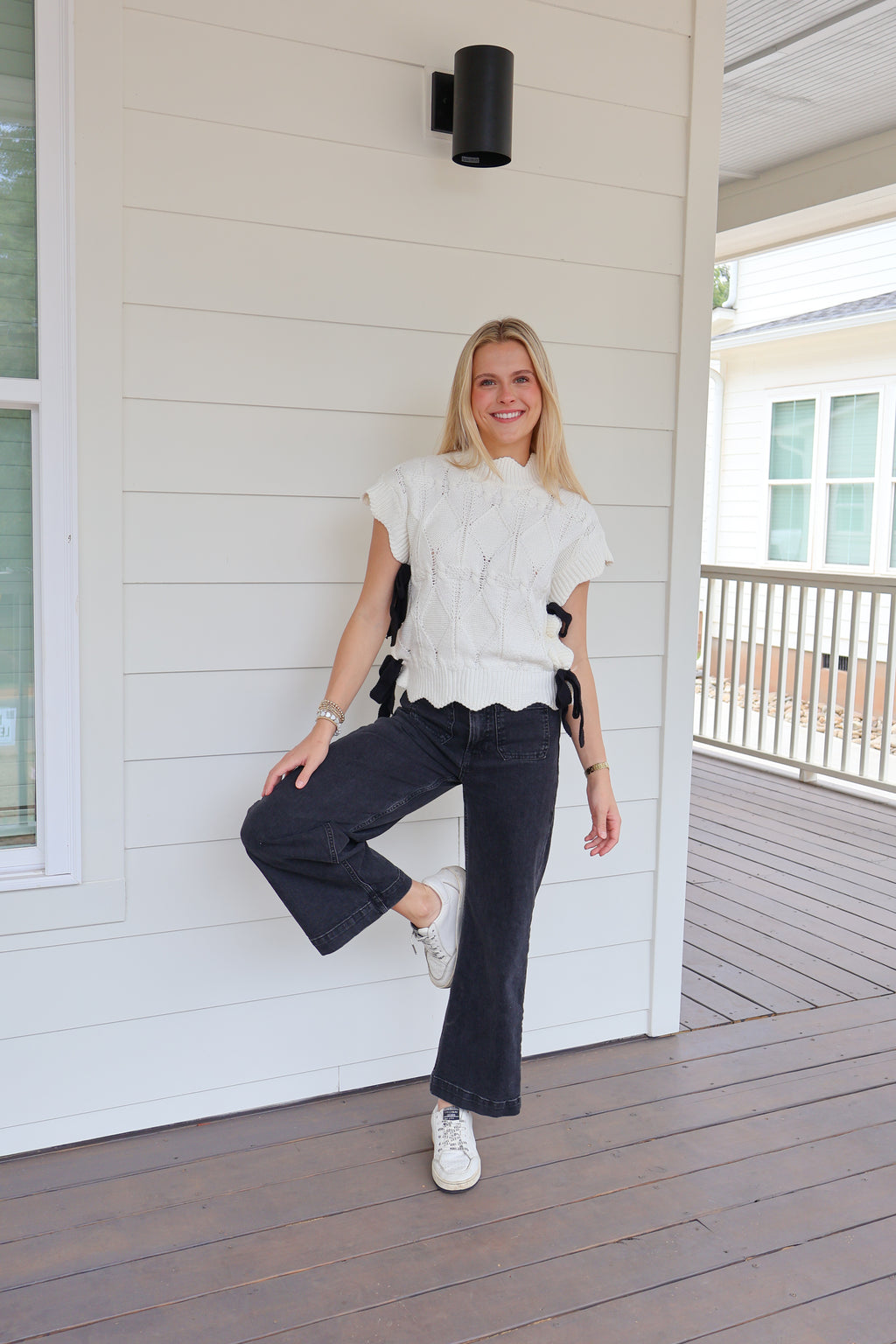 Isabel Scalloped Sweater Top - White with Black Bows