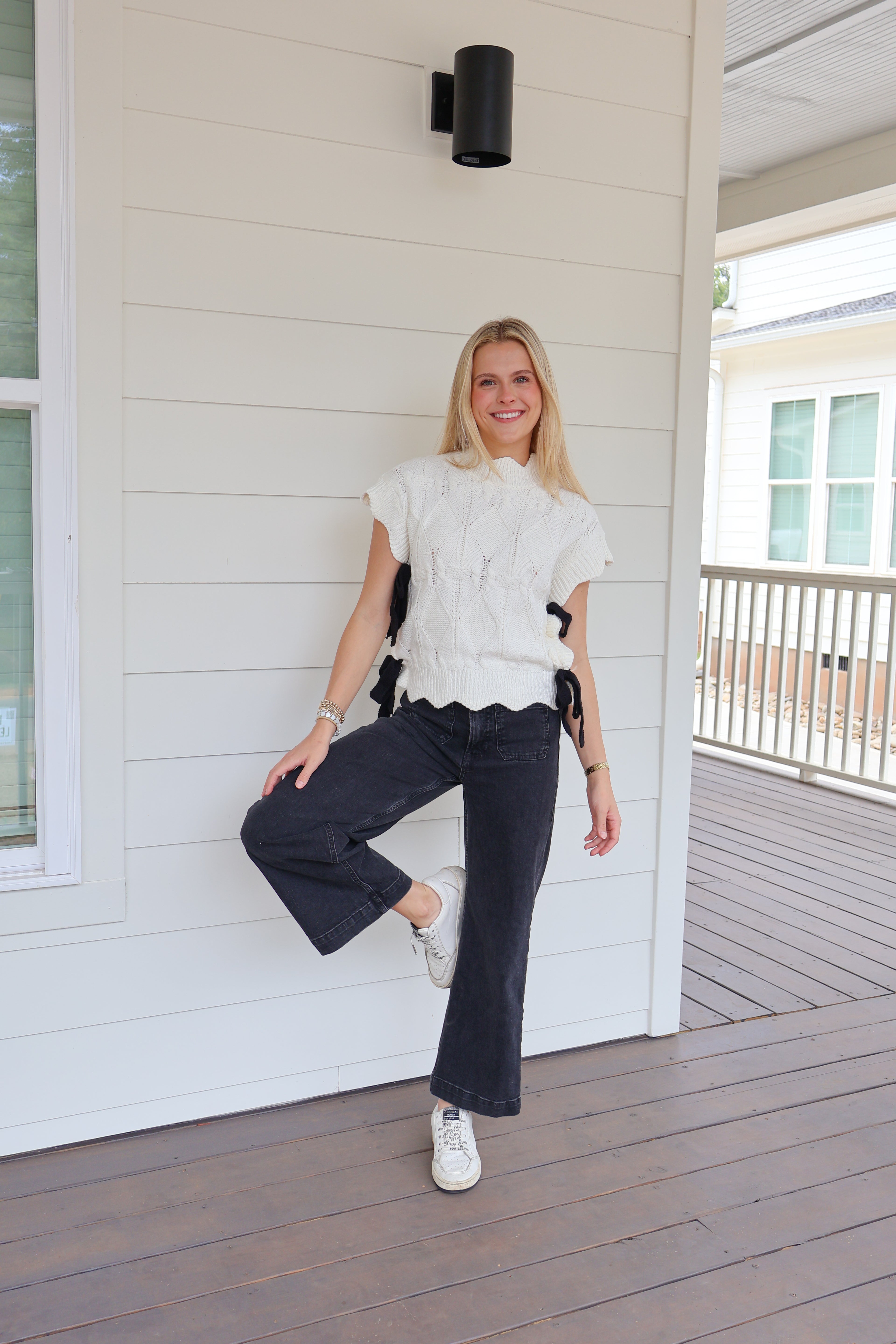 Isabel Scalloped Sweater Top - White with Black Bows