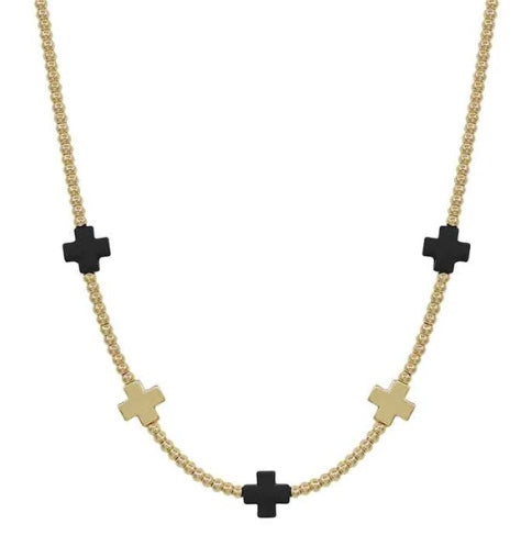Chapel Bell Beaded Cross Necklace in Black and Gold