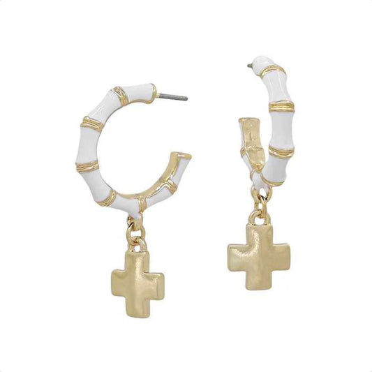 White Bamboo Cross Earrings