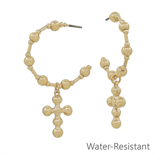 Gold Beaded Hoop with Cross Drop