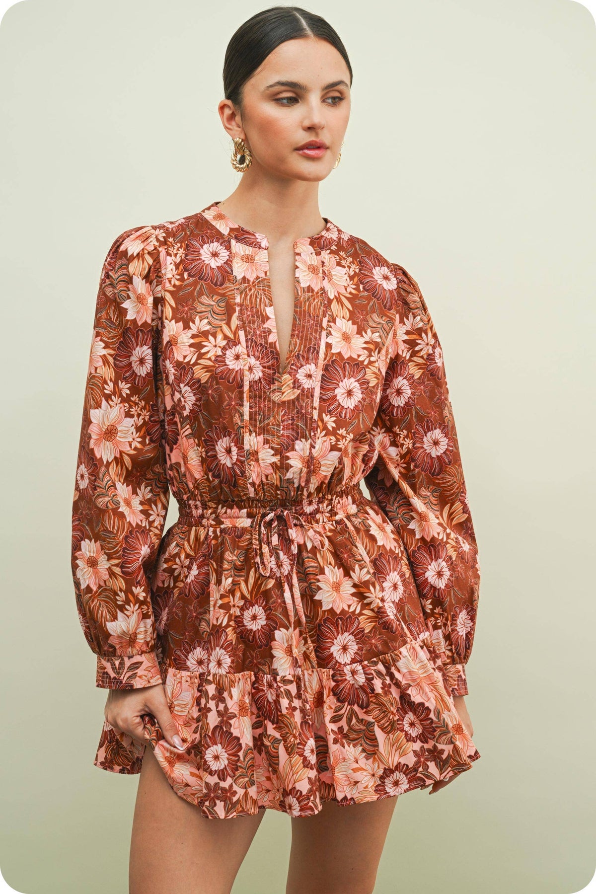 Flora Print Block Long Sleeve Mini Dress