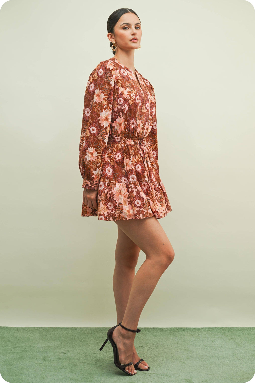 Flora Print Block Long Sleeve Mini Dress