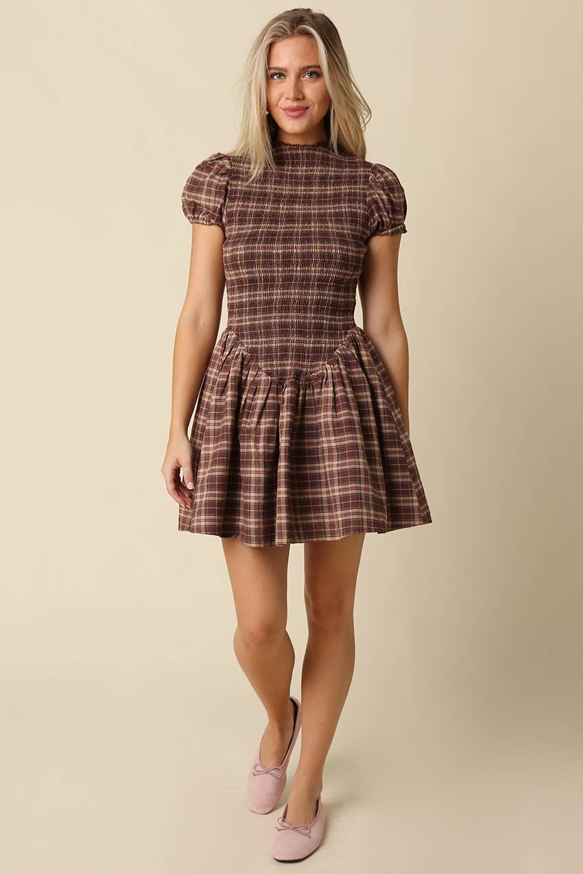 The Beaufort Plaid Smocked Mini Dress in Brown