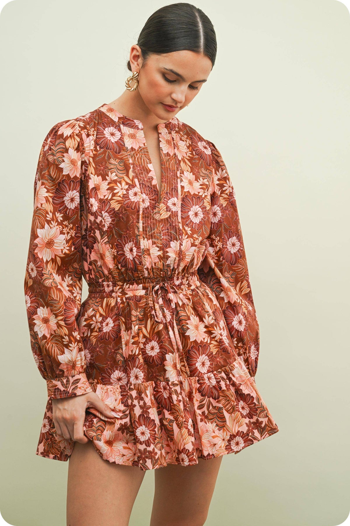 Flora Print Block Long Sleeve Mini Dress